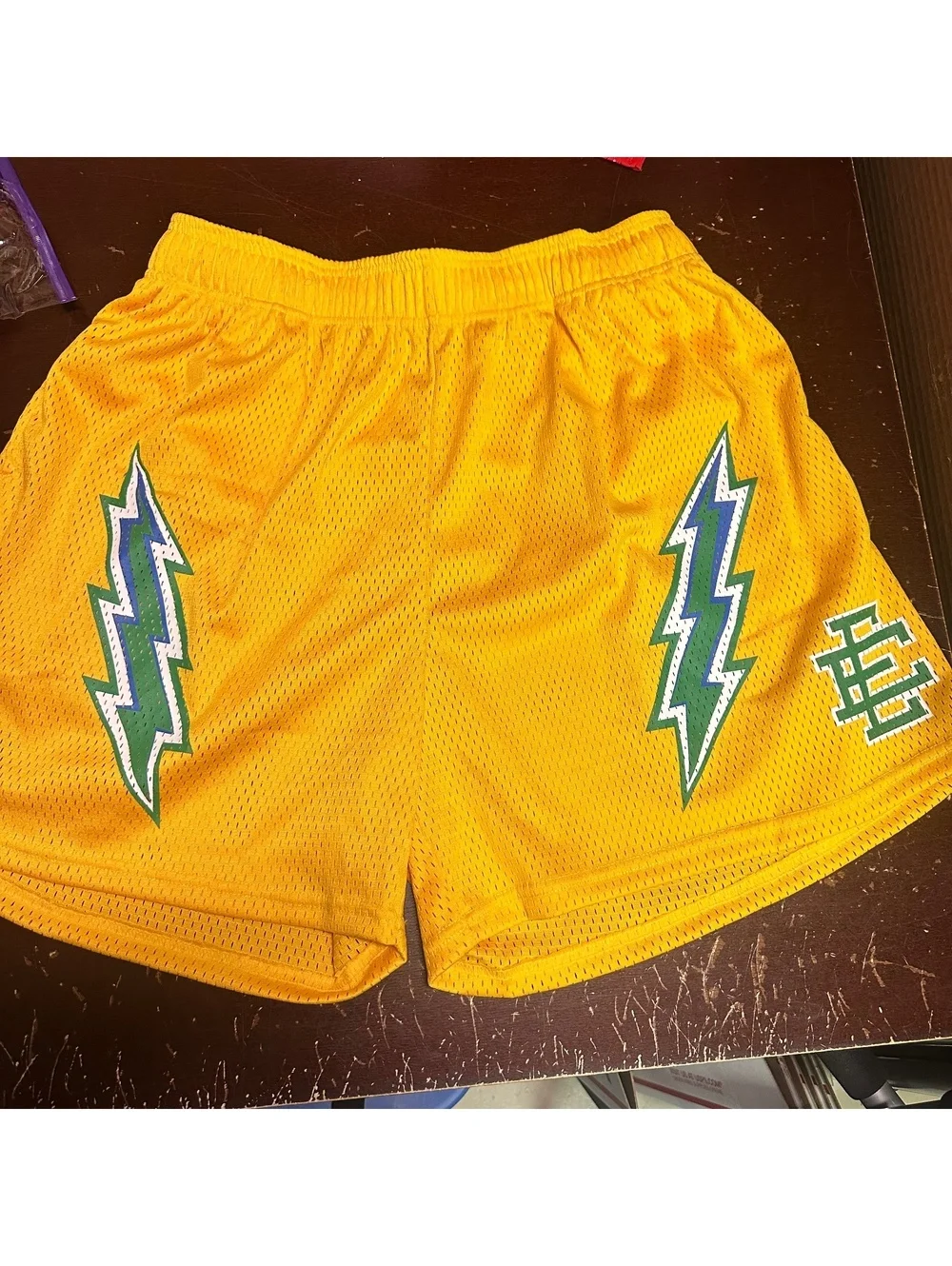 Eric Emanuel Mens Yellow Logo Elastic Waist Pockets Comfort Mesh Shorts Size 2XL